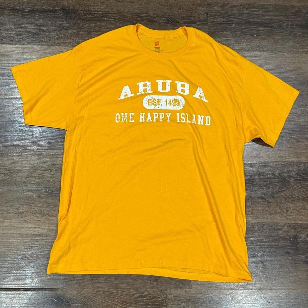 Hanes Aruba One Happy Island Graphic T-Shirt Mens XL Yellow Cotton Heavyweight